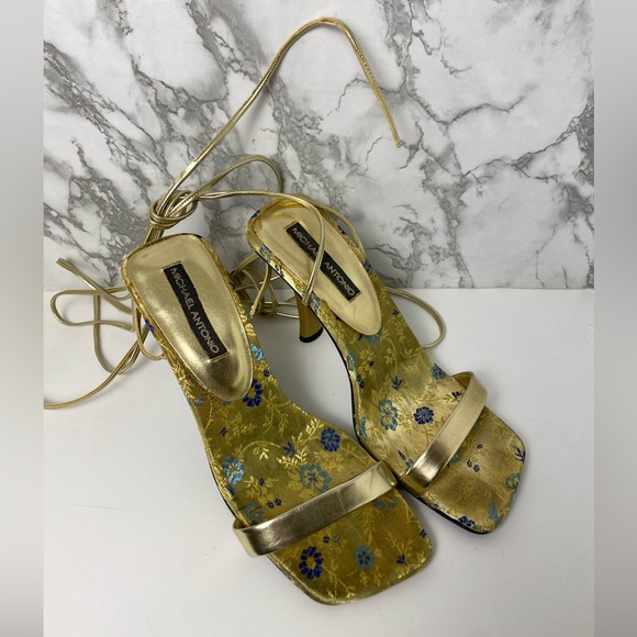 Vintage Gold and Blue strappy high heels - Picture 3 of 3